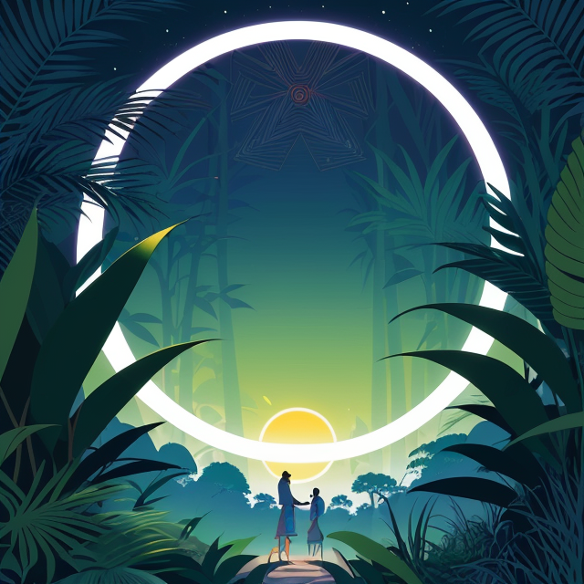 an illustration for Fixed Interest Rate, planar vector, character design, japan style artwork, on a shamanic vision quest, with beautiful nocturnal sun and lush Amazon jungle in the background, subtle geometric patterns, clean white background, professional vector, full shot, 8K resolution, deep impression illustration, sticker type, vibrant color, colorful background, a painting illustration , 2D